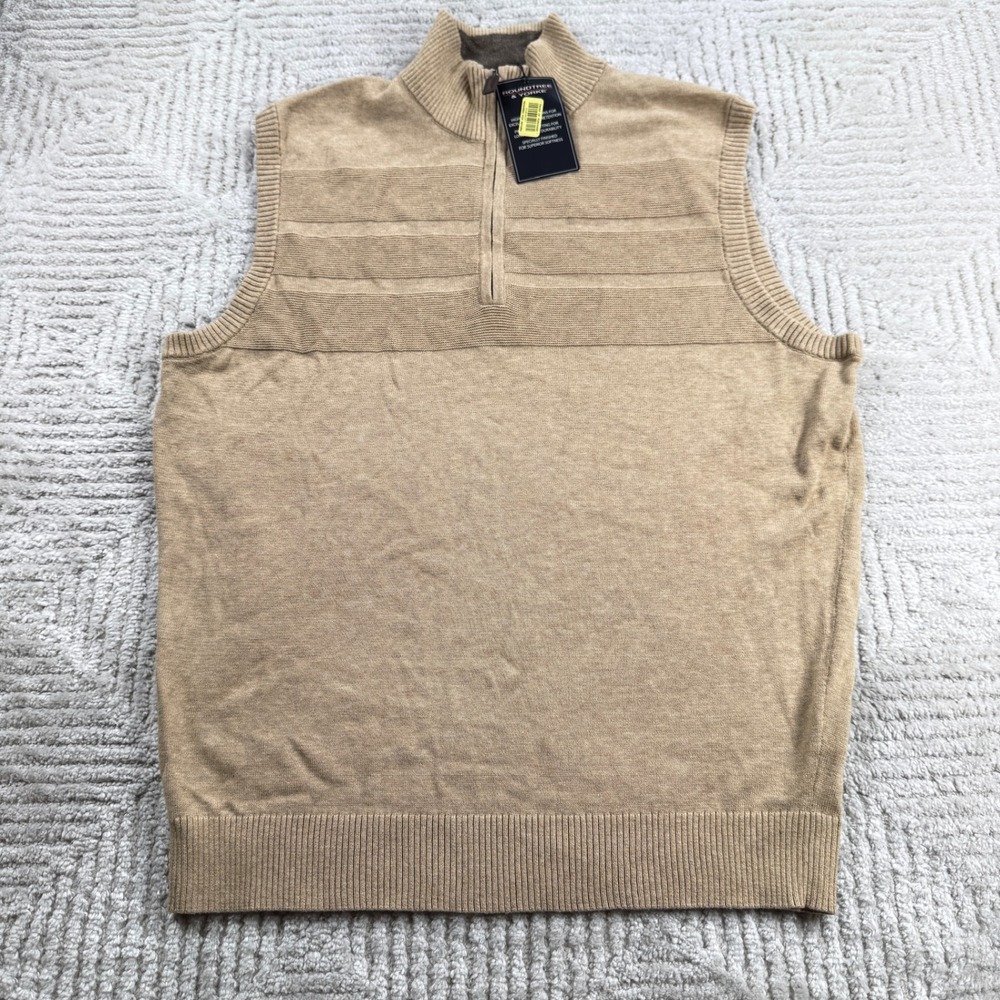 Roundtree & Yorke Sweater Vest Mens M Tan Quarter Zip Cotton NWT Grandpa Preppy